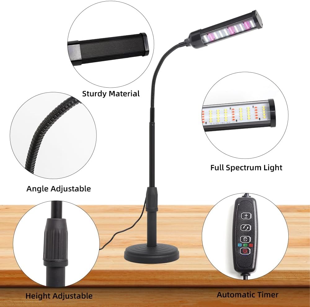Full Spectrum Desk Plant Light, Gooseneck Grow Lamp with Timer