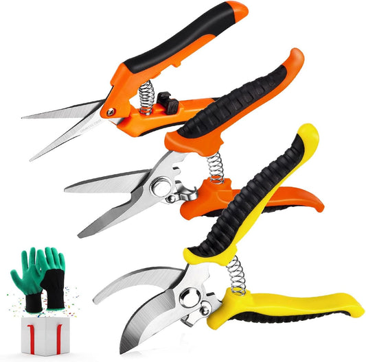 3-Pack Garden Pruning Shears with Stainless Steel Blades + Gloves
