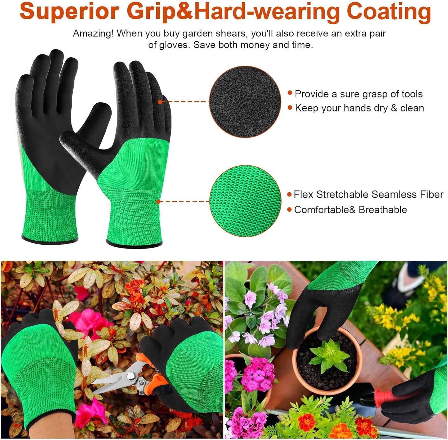 3-Pack Garden Pruning Shears with Stainless Steel Blades + Gloves