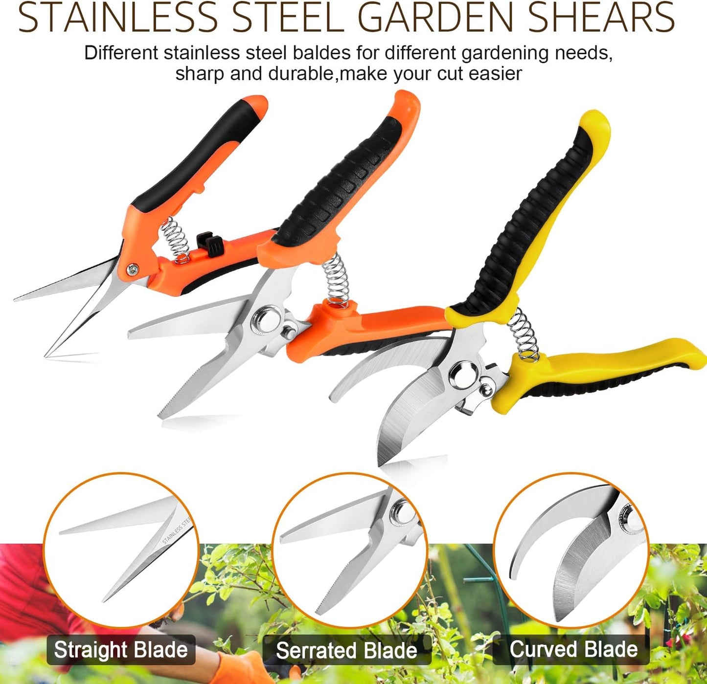 3-Pack Garden Pruning Shears with Stainless Steel Blades + Gloves