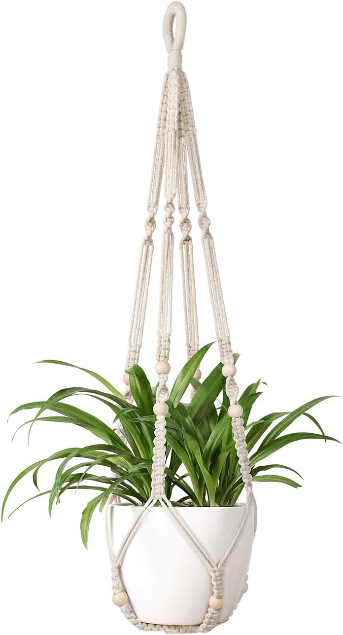 Indoor Hanging Planter with Wood Beads, 35" Ivory (Pot Not Included)