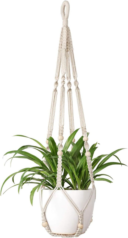 Indoor Hanging Planter with Wood Beads, 35" Ivory (Pot Not Included)