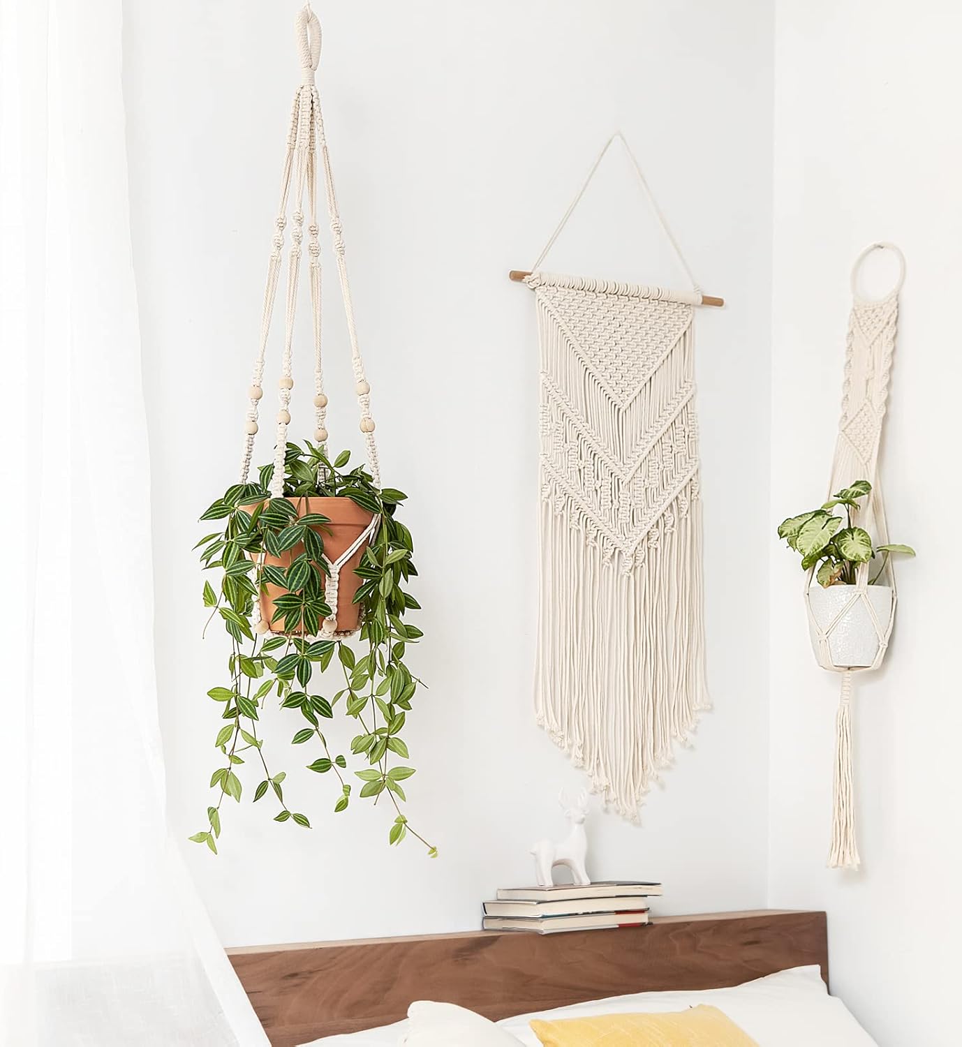 Indoor Hanging Planter with Wood Beads, 35" Ivory (Pot Not Included)