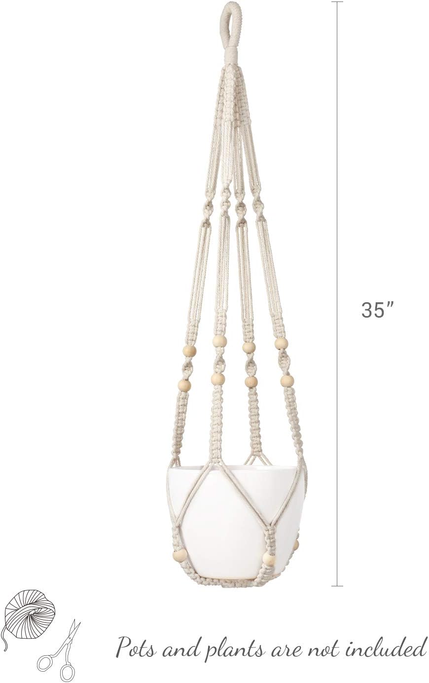 Indoor Hanging Planter with Wood Beads, 35" Ivory (Pot Not Included)