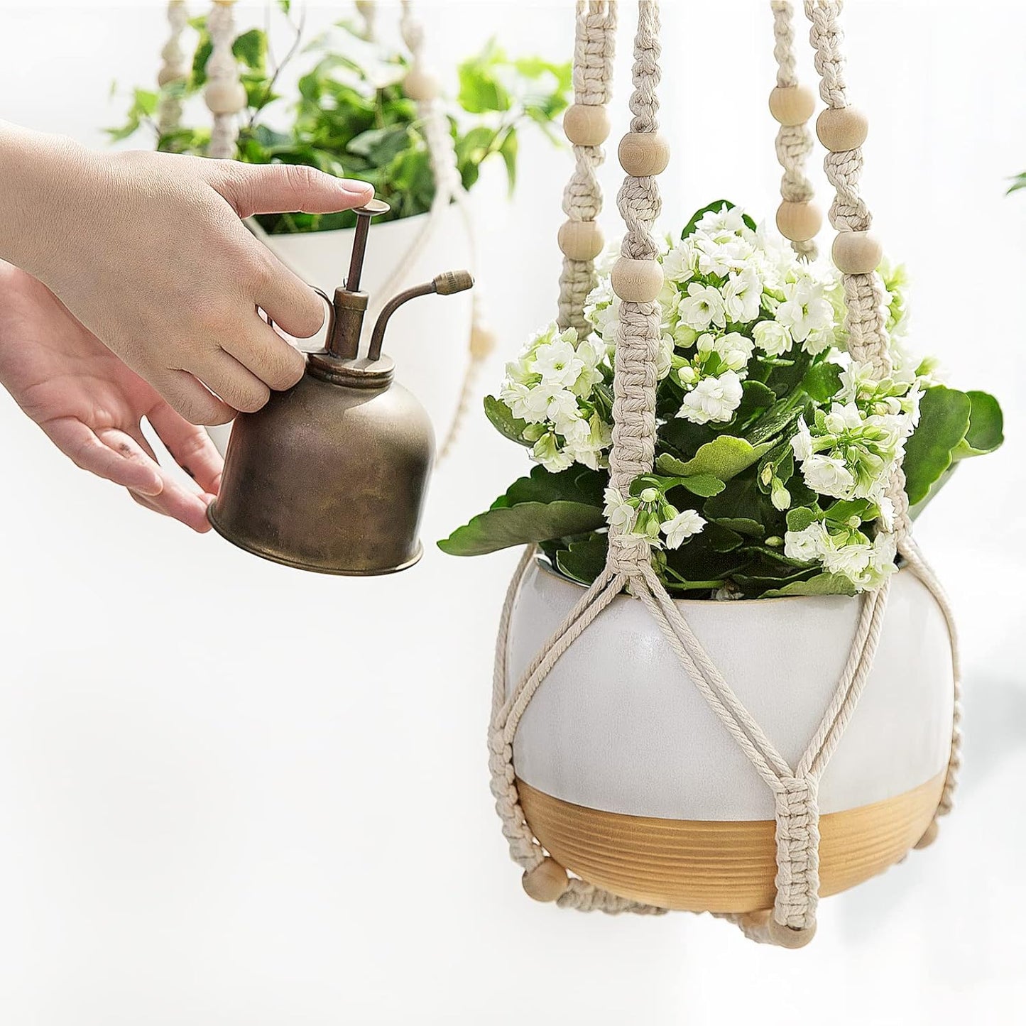 Indoor Hanging Planter with Wood Beads, 35" Ivory (Pot Not Included)