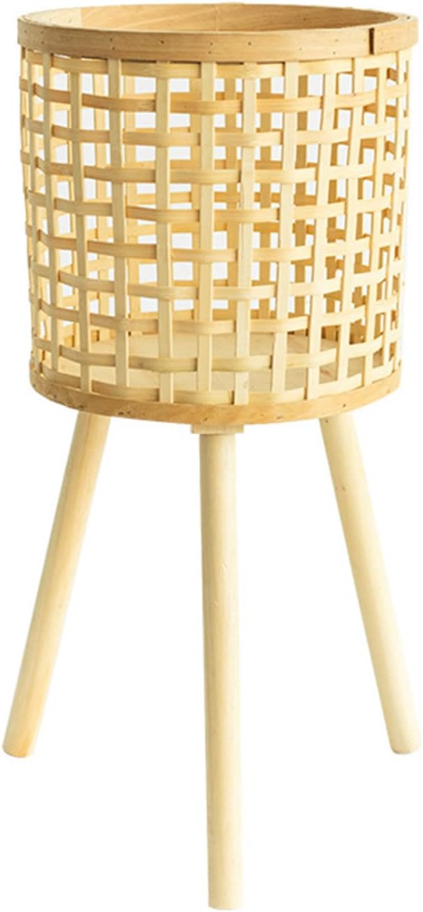 Bamboo Woven Plant Stand with Wooden Legs, Indoor Rattan Planter Holder