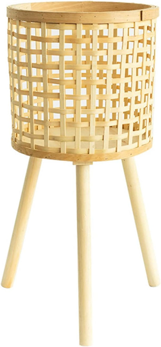 Bamboo Woven Plant Stand with Wooden Legs, Indoor Rattan Planter Holder