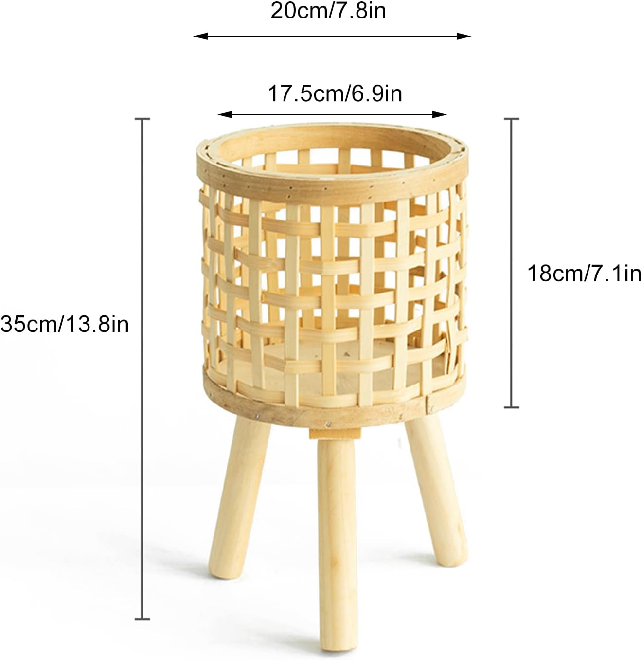 Bamboo Woven Plant Stand with Wooden Legs, Indoor Rattan Planter Holder