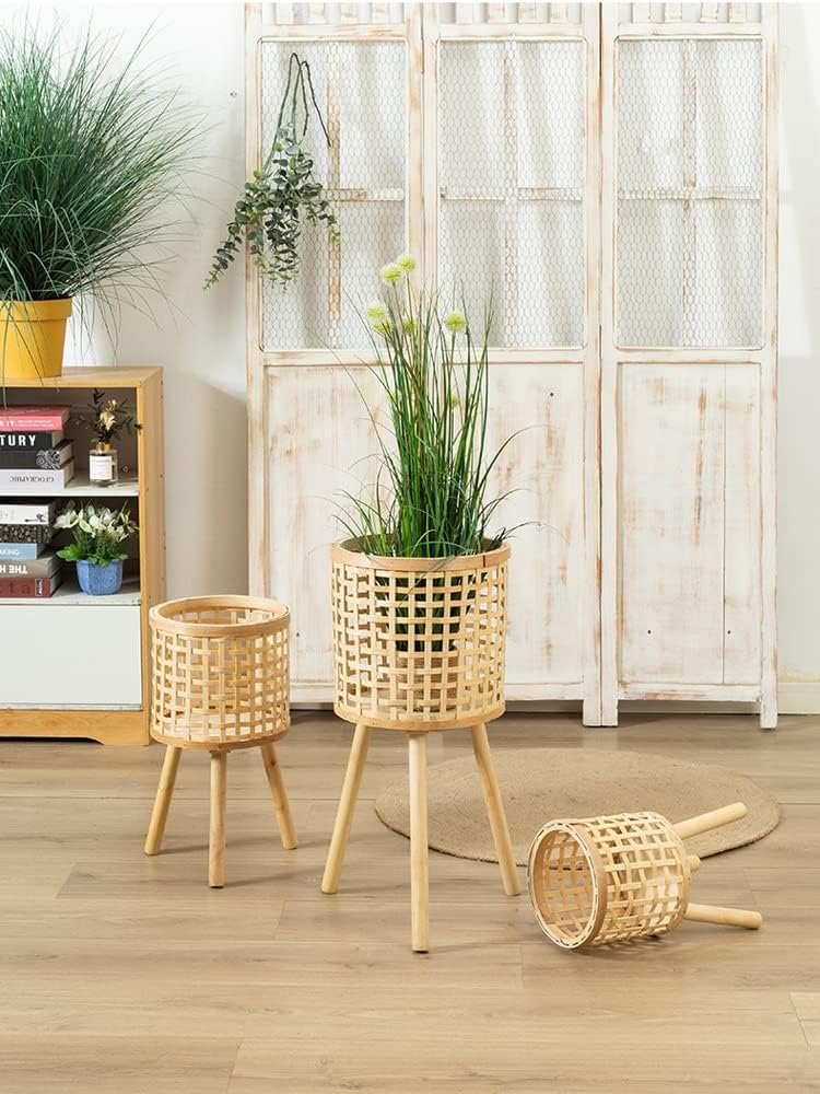 Bamboo Woven Plant Stand with Wooden Legs, Indoor Rattan Planter Holder