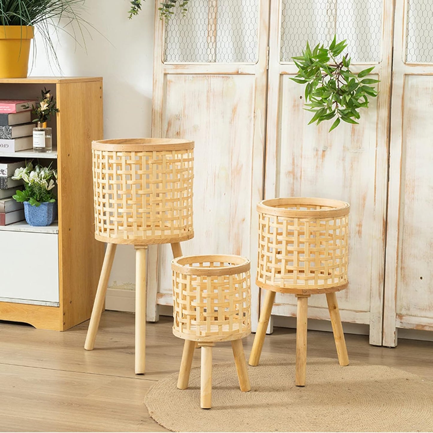 Bamboo Woven Plant Stand with Wooden Legs, Indoor Rattan Planter Holder