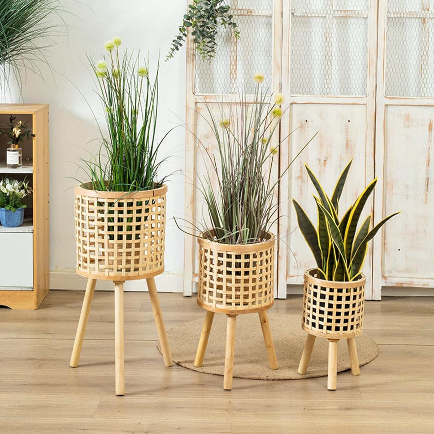 Bamboo Woven Plant Stand with Wooden Legs, Indoor Rattan Planter Holder
